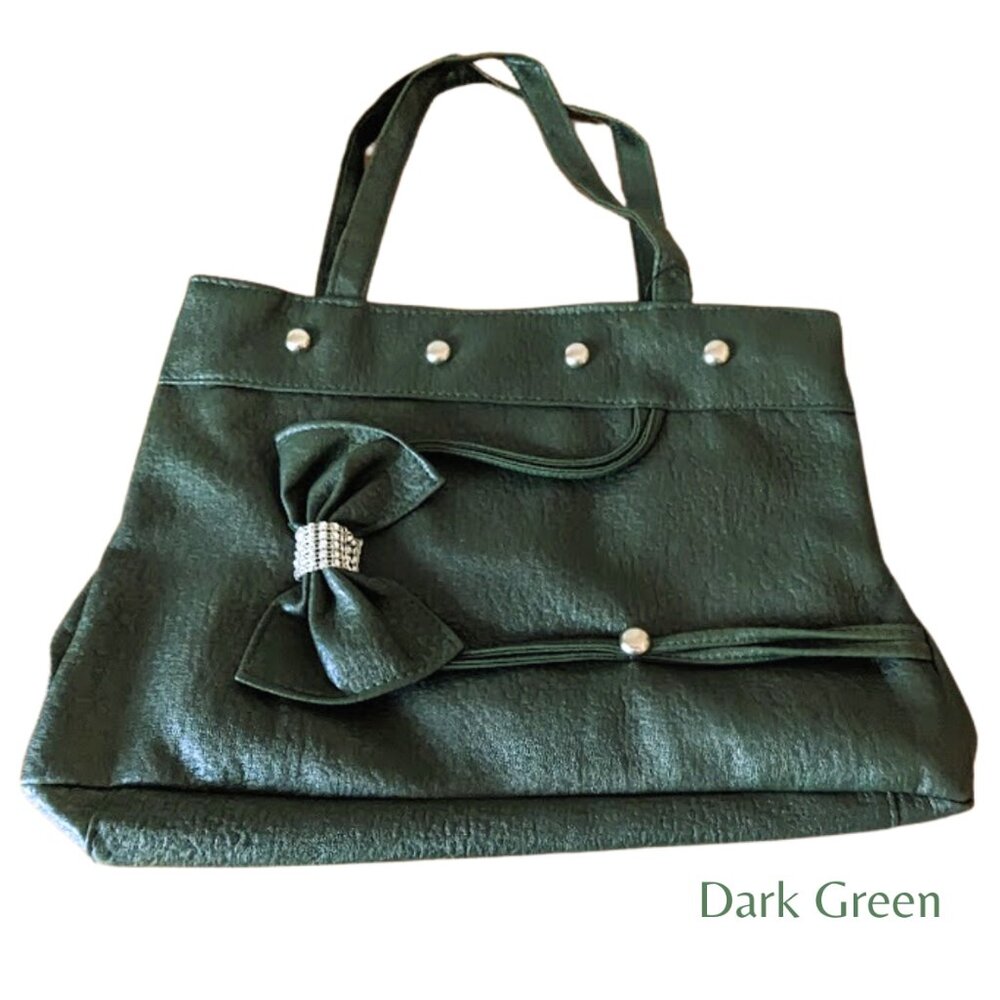 Women's Dark Green Faux Leather Shoulder Bag w/ Bow, Silver-Toned Studs & Bling